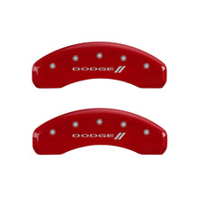 Load image into Gallery viewer, MGP 4 Caliper Covers Engraved Front & Rear With stripes/Dodge Red finish silver ch Caliper Covers MGP