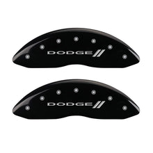 Load image into Gallery viewer, MGP 4 Caliper Covers Engraved Front & Rear With stripes/Dodge Black finish silver ch Caliper Covers MGP