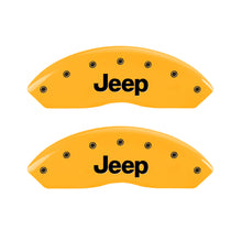 Load image into Gallery viewer, MGP 4 Caliper Covers Engraved Front Jeep Rear Grill Logo Yellow Finish Black Char 2004 Jeep Wrangler Caliper Covers MGP