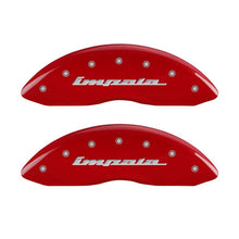 Load image into Gallery viewer, MGP 4 Caliper Covers Engraved Front & Rear Impala Red finish silver ch Caliper Covers MGP
