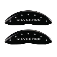 Load image into Gallery viewer, MGP Front set 2 Caliper Covers Engraved Front Silverado Black finish silver ch Caliper Covers MGP