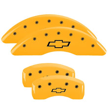 Load image into Gallery viewer, MGP 4 Caliper Covers Engraved Front & Rear Bowtie Yellow finish black ch Caliper Covers MGP