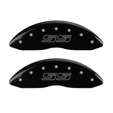 Load image into Gallery viewer, MGP 4 Caliper Covers Engraved Front & Rear Avalanche style/SS Black finish silver ch Caliper Covers MGP