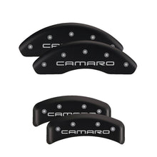 Load image into Gallery viewer, MGP 4 Caliper Covers Engraved Front & Rear With stripes/Challenger Black finish silver ch Caliper Covers MGP