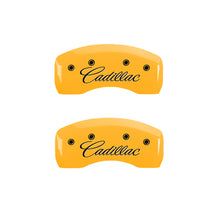 Load image into Gallery viewer, MGP 4 Caliper Covers Engraved F & R Cursive/Cadillac Yellow Finish Black Char 1998 Cadillac DeVille Caliper Covers MGP
