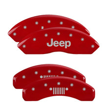 Load image into Gallery viewer, MGP 4 Caliper Covers Engraved Front Jeep Rear Grill Logo Red Finish Silver Char 2018 Jeep Wrangler Caliper Covers MGP