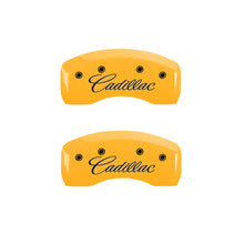 Load image into Gallery viewer, MGP 4 Caliper Covers Engraved Front & Rear Cursive/Cadillac Yellow finish black ch Caliper Covers MGP