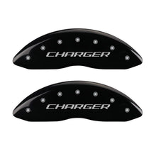 Load image into Gallery viewer, MGP 4 Caliper Covers Engraved Front Charger Rear RT Black Finish Silver Char 2016 Dodge Challenger Caliper Covers MGP