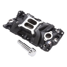 Load image into Gallery viewer, Edelbrock Intake Manifold Perf Eps SBC w/ Oil Fill Tube and Breather Black Intake Manifolds Edelbrock