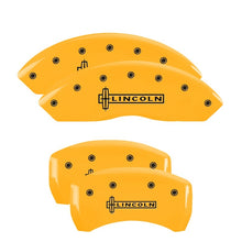 Load image into Gallery viewer, MGP 4 Caliper Covers Engraved Front & Rear Lincoln Yellow Finish Black Char 2005 Lincoln LS Caliper Covers MGP
