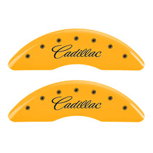 Load image into Gallery viewer, MGP 4 Caliper Covers Engraved Front & Rear Cursive/Cadillac Yellow finish black ch Caliper Covers MGP