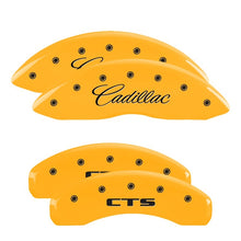 Load image into Gallery viewer, MGP 4 Caliper Covers Engraved Front Cursive/Cadillac Engraved Rear CTS Yellow finish black ch Caliper Covers MGP