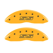 Load image into Gallery viewer, MGP 4 Caliper Covers Engraved Front & Rear Avalanche style/SS Yellow finish black ch Caliper Covers MGP