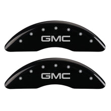 Load image into Gallery viewer, MGP 4 Caliper Covers Engraved Front & Rear GMC Black finish silver ch Caliper Covers MGP
