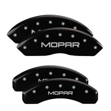 Load image into Gallery viewer, MGP 4 Caliper Covers Engraved Front & Rear Mopar Black Finish Silver Char 2019 Jeep Wrangler Caliper Covers MGP