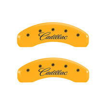 Load image into Gallery viewer, MGP 4 Caliper Covers Engraved Front & Rear Cursive/Cadillac Yellow finish black ch Caliper Covers MGP