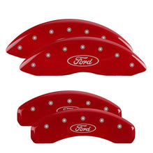 Load image into Gallery viewer, MGP 4 Caliper Covers Engraved Front & Rear Ford Oval Logo Red Finish Silver Char 2021 Ford F-150 Caliper Covers MGP