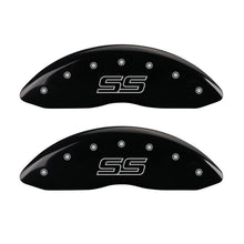 Load image into Gallery viewer, MGP 4 Caliper Covers Engraved Front & Rear Trailblazer style/SS Black finish silver ch Caliper Covers MGP