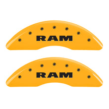 Load image into Gallery viewer, MGP 4 Caliper Covers Engraved Front Ram Rear Ramhead Yellow Finish Black Char 2010 Dodge Ram 2500 Caliper Covers MGP