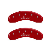 Load image into Gallery viewer, MGP 4 Caliper Covers Engraved Front & Rear Cursive/Camaro Red finish silver ch Caliper Covers MGP