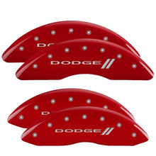 Load image into Gallery viewer, MGP 4 Caliper Covers Engraved Front & Rear With stripes/Dodge Red finish silver ch Caliper Covers MGP