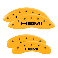 Load image into Gallery viewer, MGP 4 Caliper Covers Engraved Front & Rear 11-18 Jeep Grand Cherokee Yellow Finish Black Hemi Logo Caliper Covers MGP