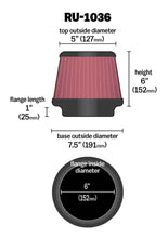 Load image into Gallery viewer, K&N Engineering KNNRU-1036 K&N Universal Clamp-On Air Filter 6in FLG / 7-1/2in B / 5in T / 6in H