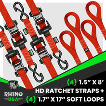 Load image into Gallery viewer, Rhino USA Heavy Duty Ratchet Tie-Down 4-Pack (Red) 1.6In X 8Ft Cargo Tie-Downs Rhino USA
