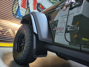 Rally Armor 19-23 Jeep JT Gladiator Mojave/Rubicon Black Mud Flap w/ Metallic Black Logo Mud Flaps Rally Armor   