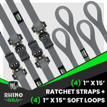 Load image into Gallery viewer, Rhino USA Cargo Tie-Downs Rhino USA Medium Duty Ratchet Strap Tie-Down 4-Pack (Gray)
