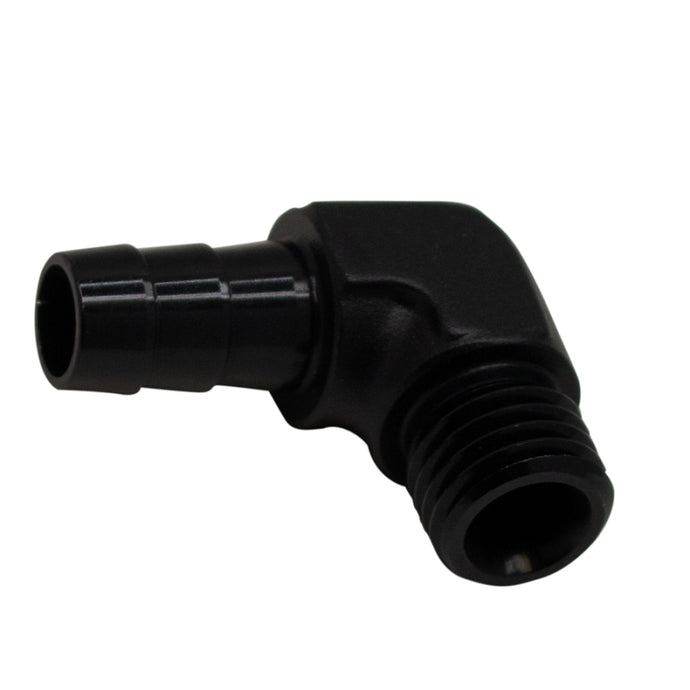 DeatschWerks Metric M12 to 3/8in Hose Barb 90-Degree Fitting w/ Venturi Port - Anodized Matte Black Fittings DeatschWerks