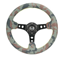 Load image into Gallery viewer, NRG Reinforced Steering Wheel (350mm / 3in. Deep) Camo Suede Mark w/ Neon Grn stitching &amp; Blk Spoke

