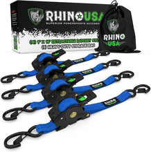 Load image into Gallery viewer, Rhino USA Retractable Ratchet Straps (4Pk 1Inx10Ft) (Blue) Tow Straps Rhino USA
