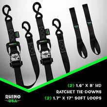 Load image into Gallery viewer, Rhino USA Heavy Duty Ratchet Tie-Downs 2-Pack (Black) 1.6In X 8Ft Cargo Tie-Downs Rhino USA
