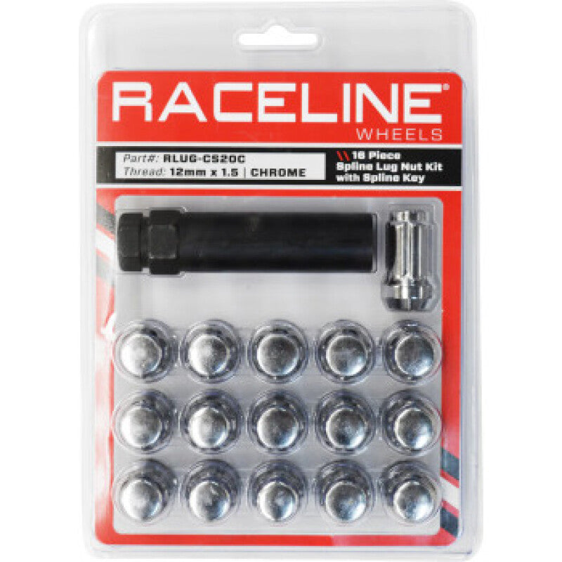 Raceline RCLRLUG-CS20C Raceline Spline Lug Nut Kit with Spline Key 12 x 1.5 - 16 Pack - Chrome