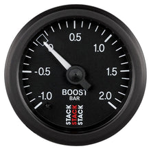 Load image into Gallery viewer, AutoMeter Gauges Autometer Stack 52mm -1 to +2 Bar T-Fitting 0.187in Barb (M) Mechanical Boost Pressure Gauge - Black
