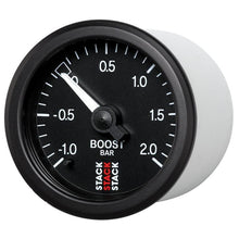 Load image into Gallery viewer, AutoMeter Gauges Autometer Stack 52mm -1 to +2 Bar T-Fitting 0.187in Barb (M) Mechanical Boost Pressure Gauge - Black
