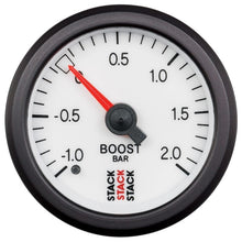 Load image into Gallery viewer, AutoMeter Gauges Autometer Stack 52mm -1 to +2 Bar T-Fitting 0.187in Barb (M) Mechanical Boost Pressure Gauge - White
