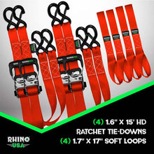 Load image into Gallery viewer, Rhino USA Heavy Duty Ratchet Tie-Down 4-Pack Red 1.6In X 15Ft Cargo Tie-Downs Rhino USA
