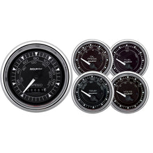 Load image into Gallery viewer, AutoMeter Chrono 3-3/8in &amp; 2-1/16in Gauge Kit (5pc) w/Electric Speedometer - Chrome | 9708
