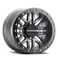 Raceline A91G Ryno 14x7in/4x137 BP/10mm Offset/110.18mm Bore - Gunmetal & Black Ring Beadlock Wheel | A91G-47037-52
