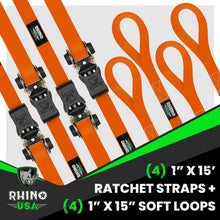 Load image into Gallery viewer, Rhino USA Medium Duty Ratchet Strap Tie-Down 4-Pack (Orange) Cargo Tie-Downs Rhino USA
