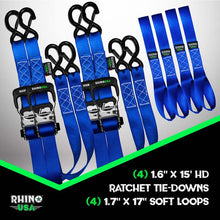 Load image into Gallery viewer, Rhino USA Heavy Duty Ratchet Tie-Down 4-Pack Blue 1.6In X 15Ft Cargo Tie-Downs Rhino USA
