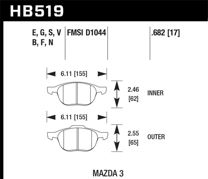 Hawk Performance HAWKHB519G.682 Hawk HP+ 08-09 Mazda 3 / Ford/ Volvo DTC-60 Race Front Brake Pads