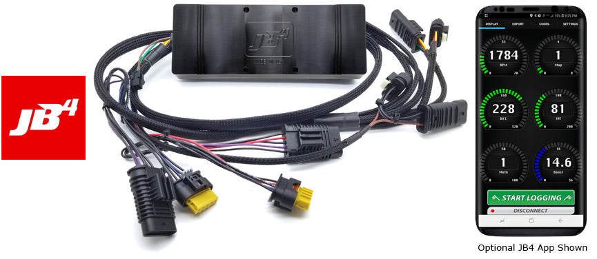 JB4 tuner S63 F9x M5 by Burger Motorsports with wiring harness and optional app shown on smartphone screen