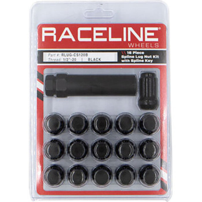 Raceline RCLRLUG-CS120B Raceline Spline Lug Nut Kit with Spline Key 1/2in-20 - 16 Pack - Black