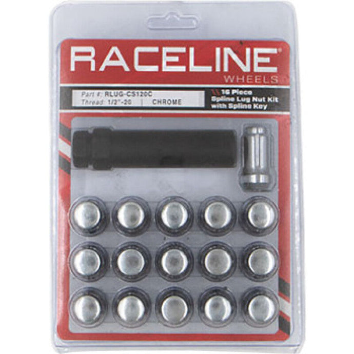 Raceline RCLRLUG-CS120C Raceline Spline Lug Nut Kit with Spline Key 1/2in-20 - 16 Pack - Chrome
