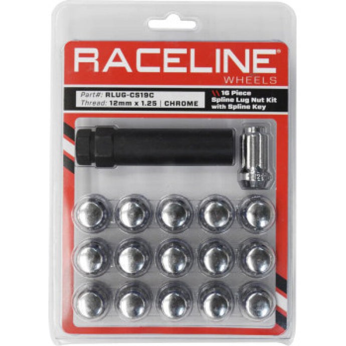 Raceline RCLRLUG-CS19C Raceline Spline Lug Nut Kit with Spline Key 12 x 1.25 - 16 Pack - Chrome