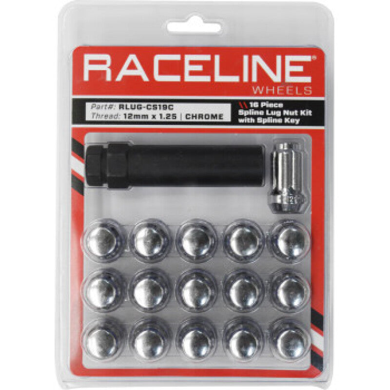 Raceline RCLRLUG-CS19C Raceline Spline Lug Nut Kit with Spline Key 12 x 1.25 - 16 Pack - Chrome