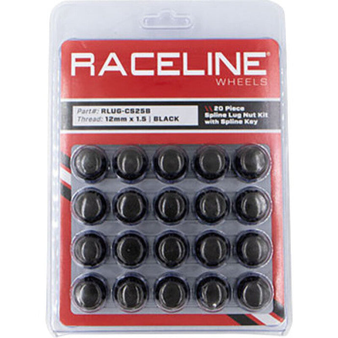 Raceline RCLRLUG-CS25B Raceline Spline Lug Nut Kit with Spline Key 12 x 1.5 - 20 Pack - Black